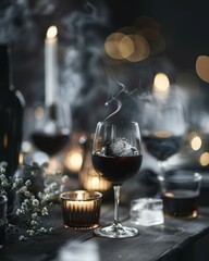 Moody Dry Ice Cocktail: Elegant Glassware, Candlelight Reflections, and Cinematic Shadows