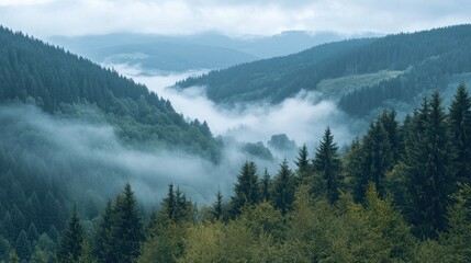Fichtenwald von oben im Schwarzwald mit Waldweg in den Wolken