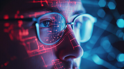 Futuristic Technology Overlay on Man s Face Glasses Red Circuitry Data Visualization