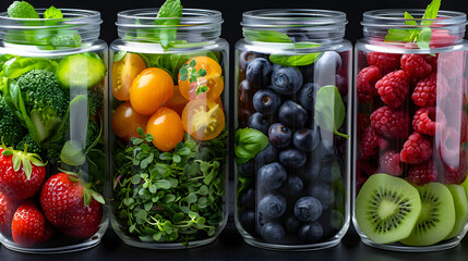 Healthy Fresh Colorful Fruits and Vegetables in Containers Against Dark Background with Copyspace