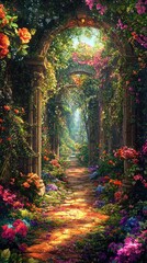 Fototapeta premium Vibrant Secret Garden Pathway Surrounded by Lush Floral Arches