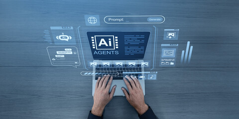 Futuristic AI assistant interface over laptop on wooden desk.