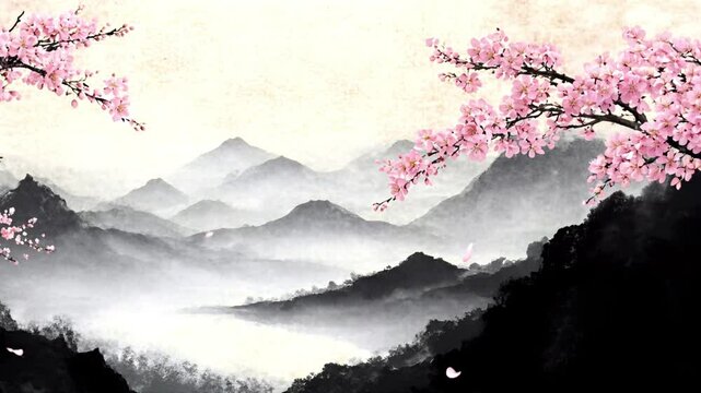 Serene Animated Japanese Ink Painting with Cherry Blossoms and Misty Mountains