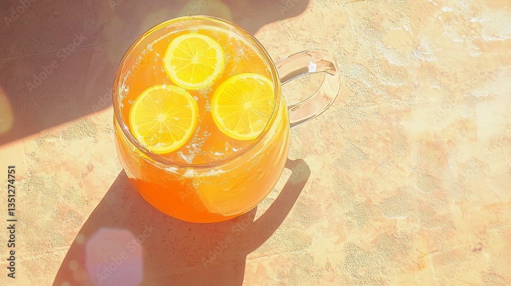 Poster refreshing summer lemonade in glass pitcher with sliced lemons