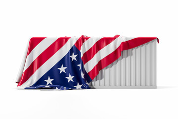 Shipping container draped with the United States flag on a white background. 3D Rendering