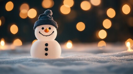 Obraz premium Cute Snowman with a Hat Surrounded by Soft Bokeh Lights in a Winter Wonderland Scene, Perfect for Holiday and Winter Celebrations
