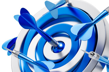 Blue darts hitting metallic bullseye target with precision. 3D Rendering