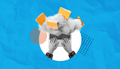 Cloud computing and data storage concept with hands typing on a laptop, folders emerging from a cloud, on a blue textured background.