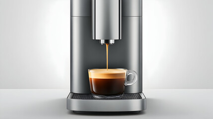 Espresso machine brewing coffee into a glass cup on a white background; ideal for kitchen appliance advertisements