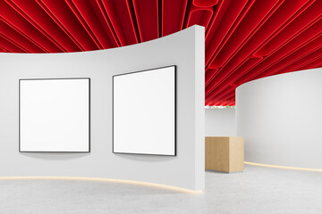 Blank posters mockup on curved white wall in modern interior with red ceiling. 3D Rendering