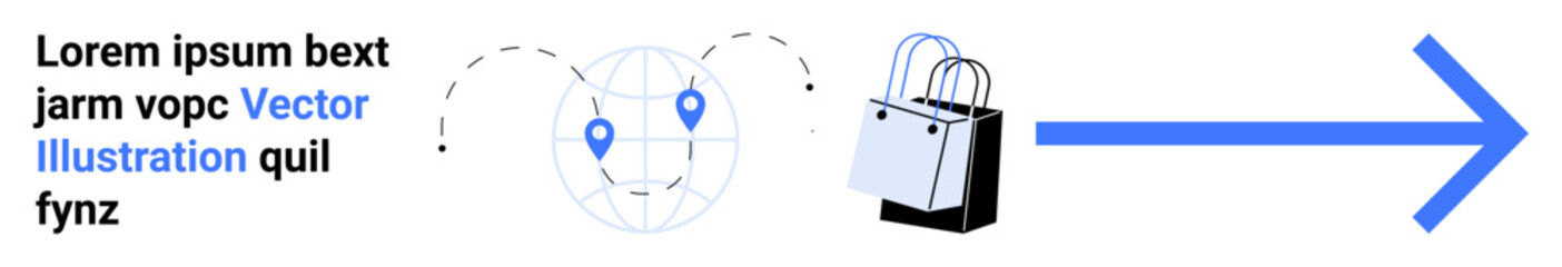 Globe with location pins highlights global reach, shopping bags represent online retail, and forward arrow suggests progress. Ideal for e-commerce, logistics, delivery, marketing, globalization