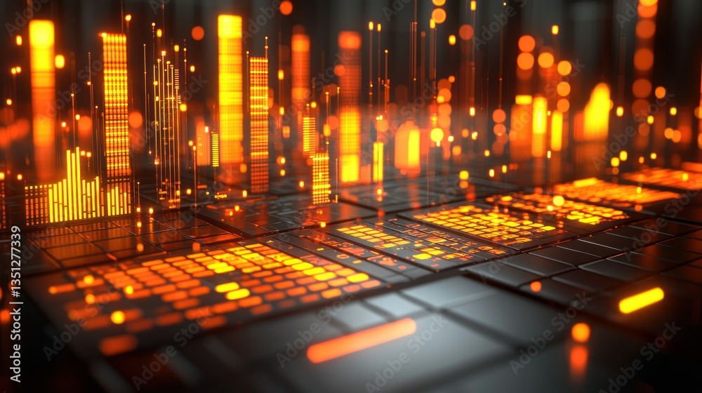 Wall mural abstract digital landscape with glowing data visualizations