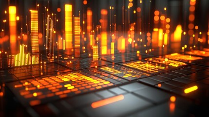 Abstract digital landscape with glowing data visualizations