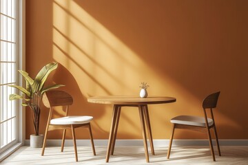 Warm interior features dining table with chairs and plant