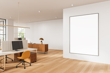 Modern office interior with blank framed poster mockup on white wall. 3D Rendering