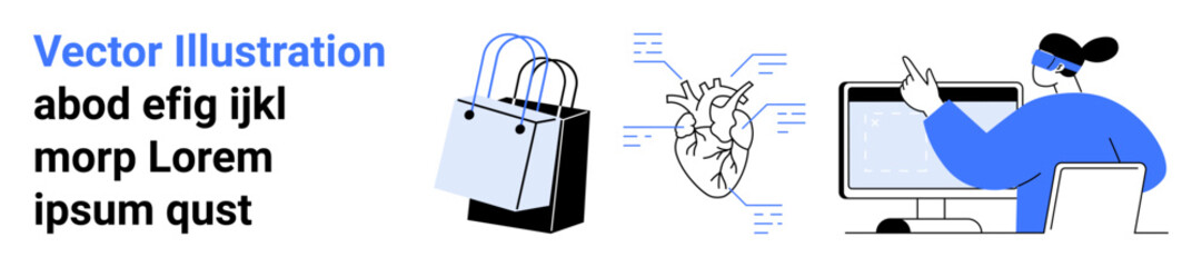 Shopping bag highlights e-commerce, a detailed heart diagram represents medical research, and a professional computer user embodies a digital workplace. Ideal for e-commerce, education, technology