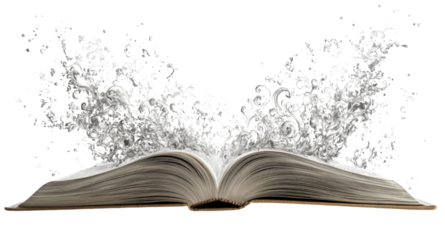 artistic open book with intricate imaginative design featuring on white background