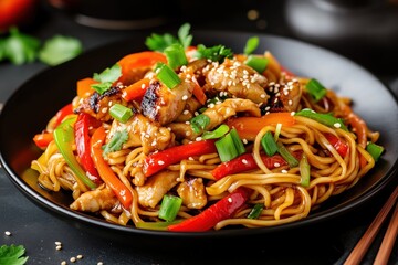 Stir-fried noodles with teriyaki chicken, sesame and colorful vegetables