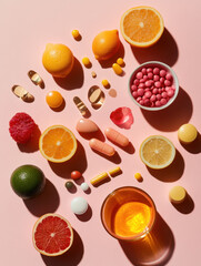 Vitamins and fruits on colorful pink background.