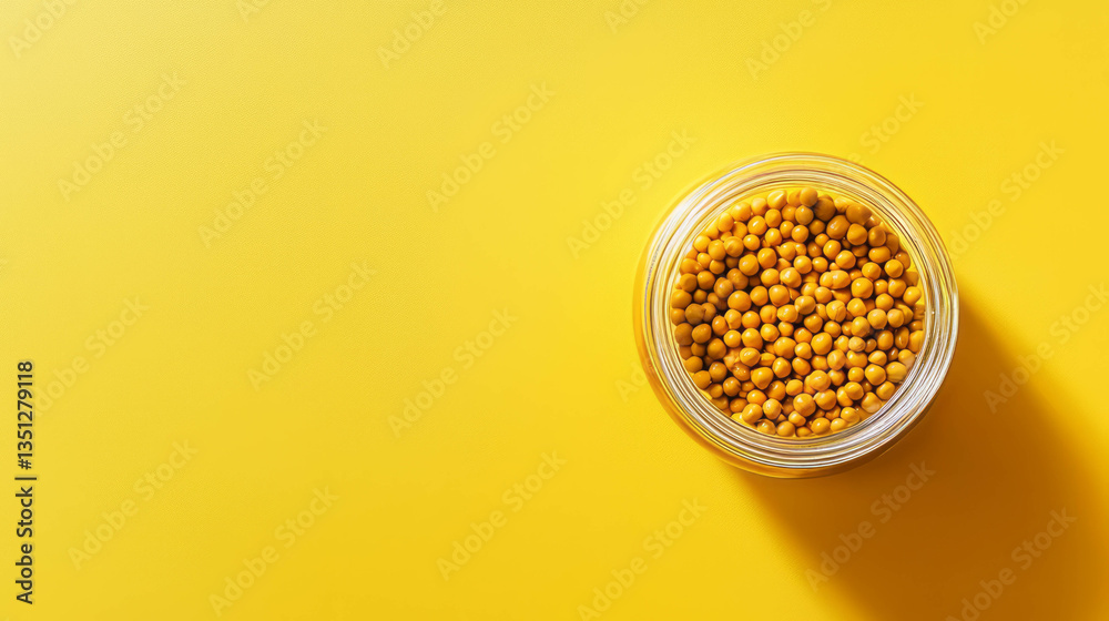 Poster top view of small jar filled with mustard seeds on yellow background
