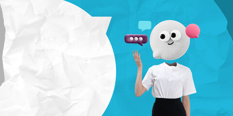 Surreal concept of a person with a plush emoticon head tossing a chat bubble.
