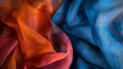 Vibrant blue and orange cloth displaying brilliant color shifts under artificial lighting for artistic and fashion photography inspiration.