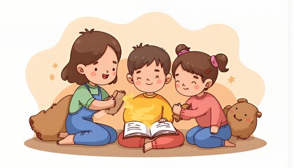 Happy Family Reading Time: Chibi Cartoon Illustration of Mother and Children