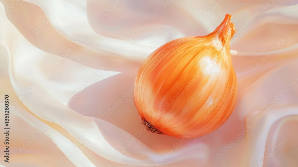 Poster realistic yellow onion isolated on soft fabric background for culinary design