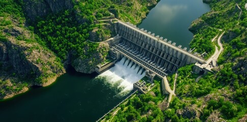 Fototapeta premium Aerial view of a powerful hydroelectric dam showcasing its immense scale and the surrounding landscape.