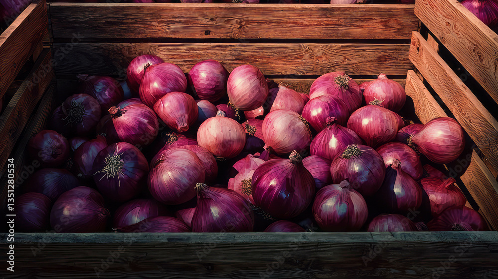 Poster rustic wooden crate overflowing with fresh red onions for market display