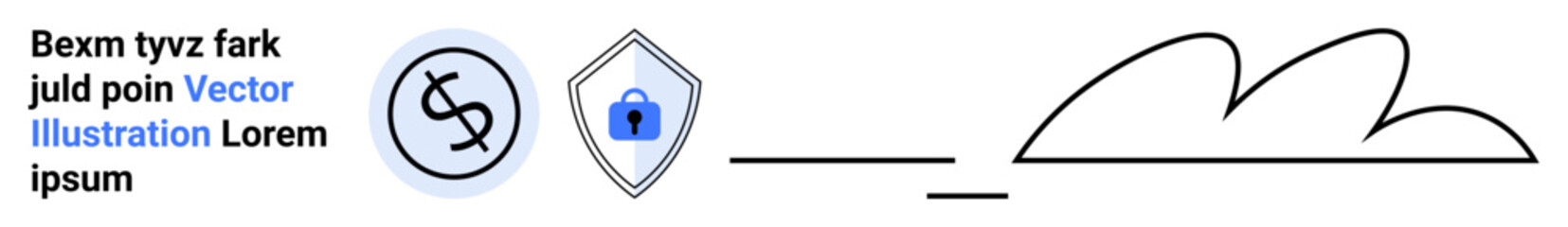 Currency with shield, lock emblem, and abstract cloud lines represent security, finance, and online safety. Ideal for finance, cybersecurity, cloud storage, protection fintech banking apps flat