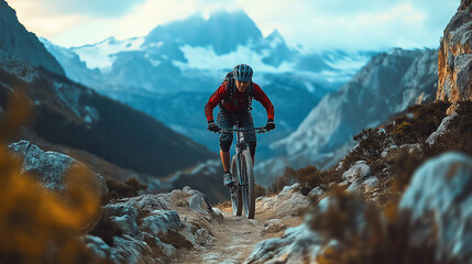 Fototapeta premium Mountain biker cyclist riding a bicycle downhill on a mountain bike trail. Outdoor recreational lifestyle adventure sport activity in nature. Ai Generated Images