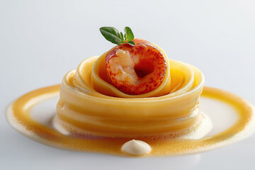 Lobster tail laying on tagliatelle pasta nest with sauce and basil leaf