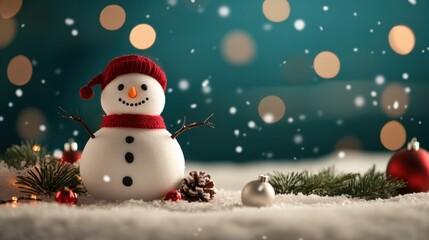 Fototapeta premium Charming Snowman in Red Hat Surrounded by Christmas Ornaments and Snowflakes on a Festive Background for Seasonal Celebrations