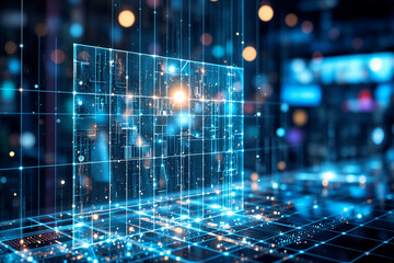 Obraz premium A glowing blue grid dominates a futuristic scene, emitting light beams upwards and downwards. Abstract technology with a blurry bokeh background creates a digital atmosphere.