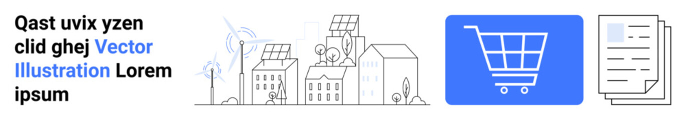 Wind turbines and solar panels over urban buildings, a digital shopping cart, and document icons. Ideal for sustainability, e-commerce, technology, environment, business innovation, renewable energy