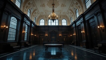 Obraz premium Luxurious Historic Interior Space with Ornate Details and Dramatic Lighting in an Elegant Room