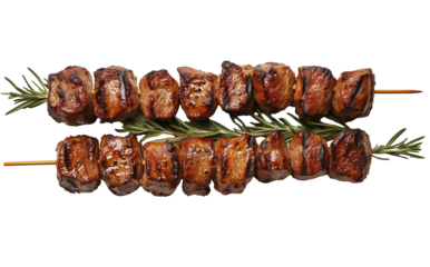 Photo of grilled meat shish kebab with rosemary on wooden skewers isolated on transparent background
