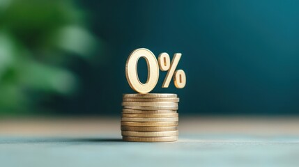 Golden coins stacked with bold 0% sign representing financial concepts like zero interest rates, savings, and economic trends on a serene background