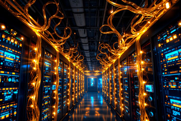 A data center corridor filled with server racks and glowing orange cables running overhead, creating a futuristic and technological atmosphere.