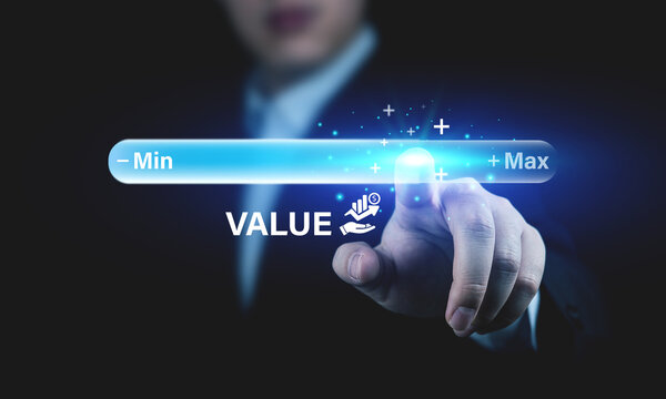 The concept of increasing marketing value, growth, and product value a business growth concept. A businessman moves virtual bar to MAX level.