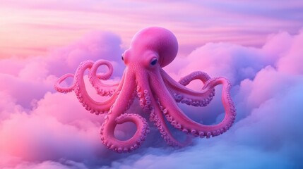 Vibrant Pink Octopus Floating in Dreamy Cotton Candy Clouds, Surreal Fantastical Background with Soft Pastel Colors and Whimsical Atmosphere
