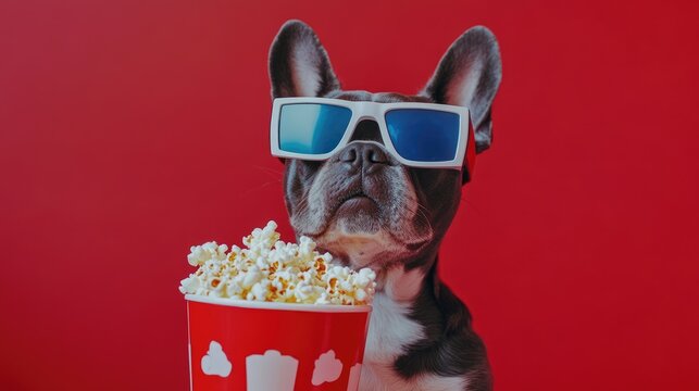 A stylish dog wearing sunglasses enjoys popcorn in front of a vibrant red background, perfect for fun movie nights