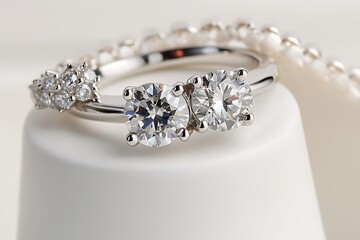 A triple-stone diamond ring with a diamond cluster necklace, displayed on a white matte ceramic base.