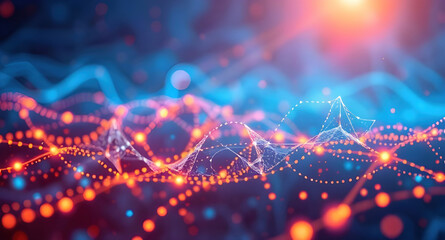 Obraz premium Abstract digital network, flowing light particles, blue and orange color scheme
