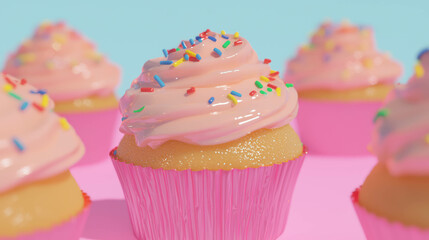 Pastel cupcakes with buttercream and colorful sprinkles on pink background