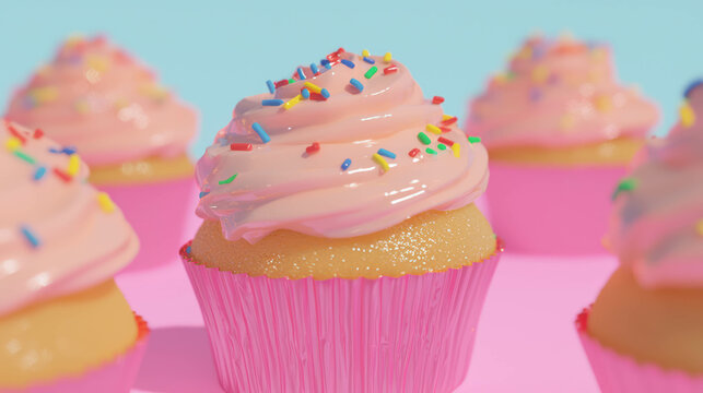 Pastel cupcakes with buttercream and colorful sprinkles on pink background