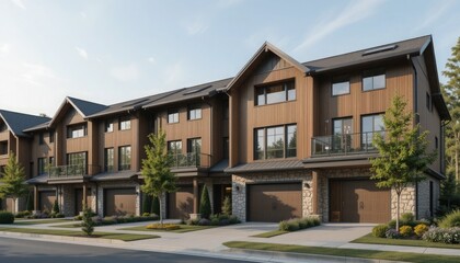 contemporary townhouses with exteriors made of wood and stone