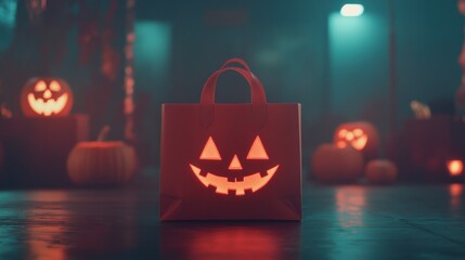 Spooky Halloween Bag with Jack-O-Lantern Faces Surrounded by Glowing Pumpkins in a Dark Room with Atmospheric Lighting and Eerie Vibes