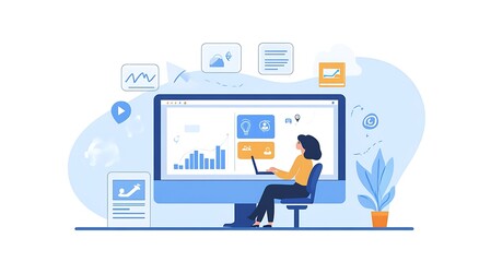 A business person employee sitting at their desk, engaging in an online meeting with colleagues on the screen, remote work, working from home, freelance concept